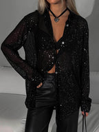 Stylish Sequined Collared Long-sleeved Shirt - Eliza-Warszawa