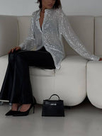 Stylish Sequined Collared Long-sleeved Shirt - Eliza-Warszawa