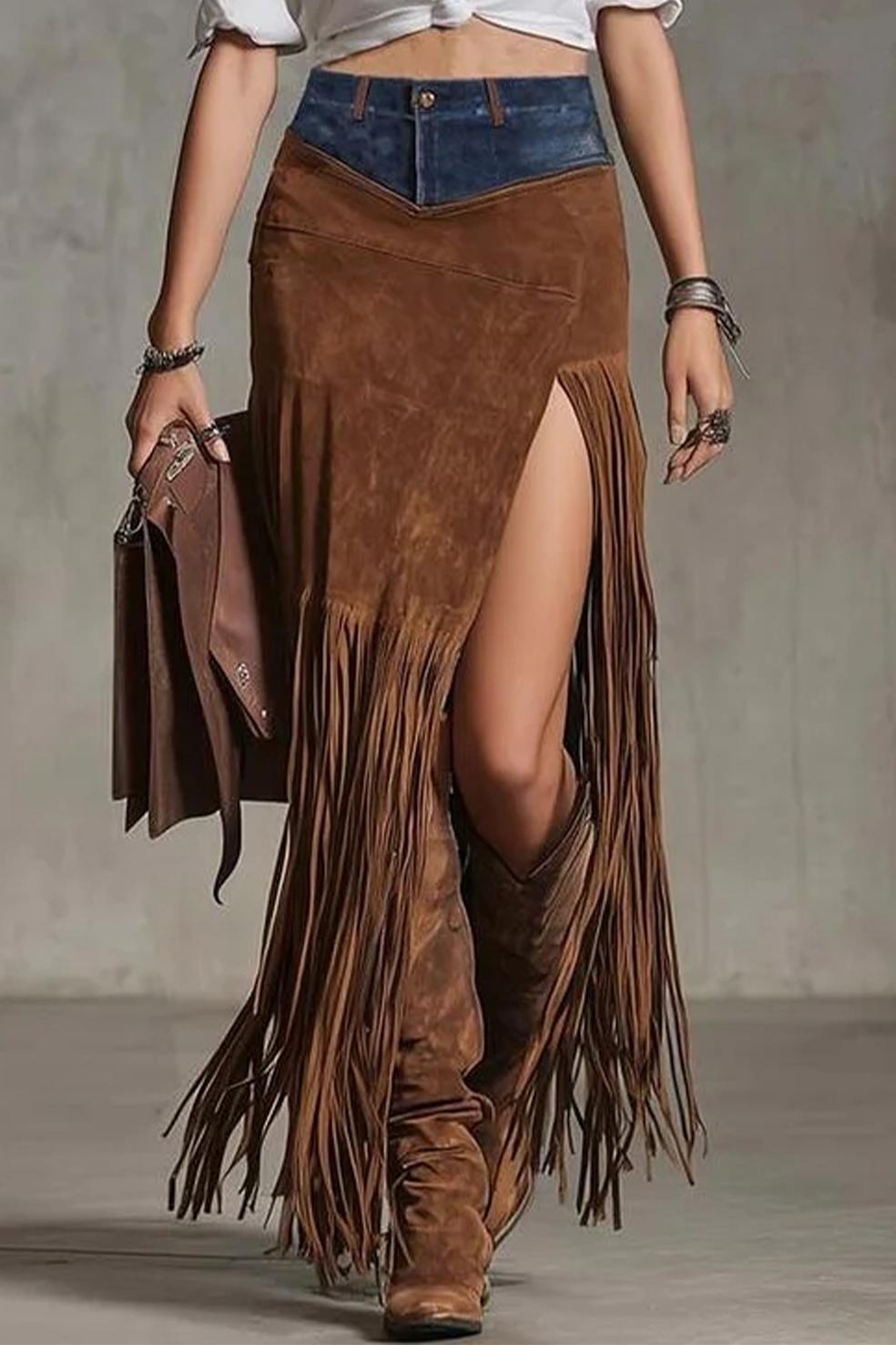 Suede Fringe Maxi Skirt - Eliza-Warszawa