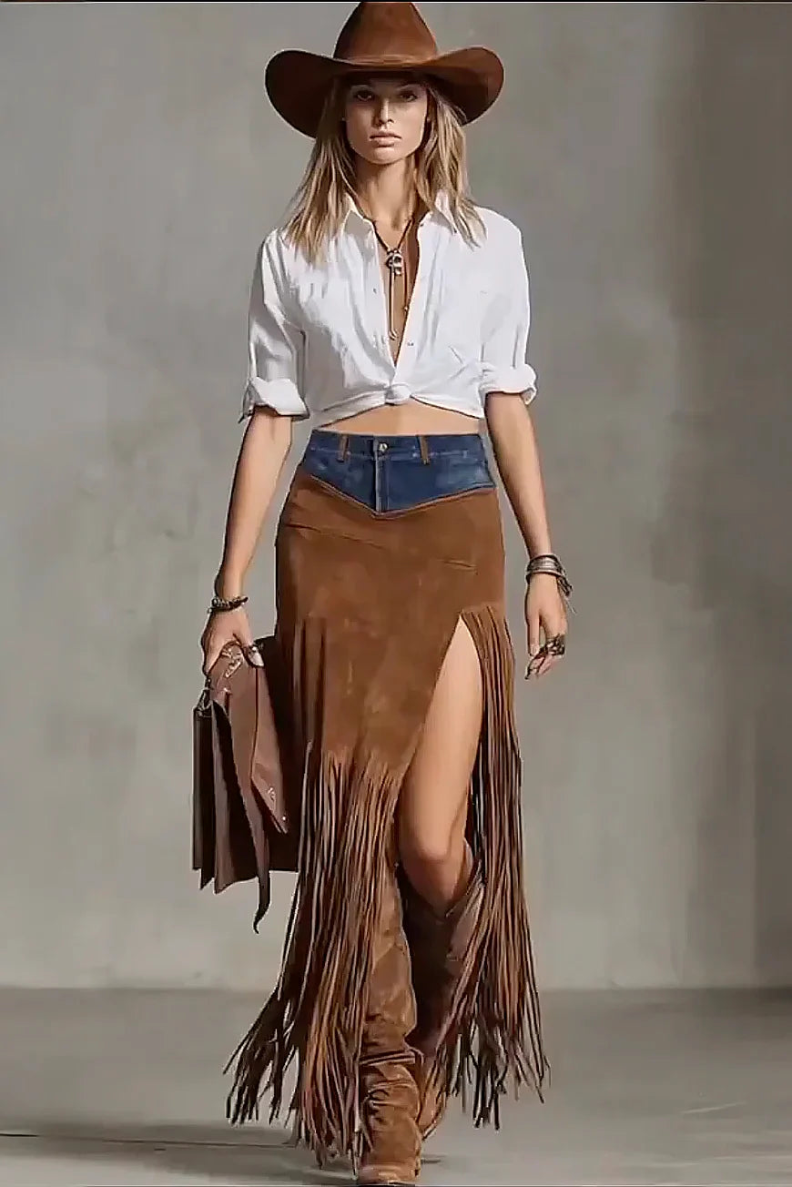 Suede Fringe Maxi Skirt - Eliza-Warszawa