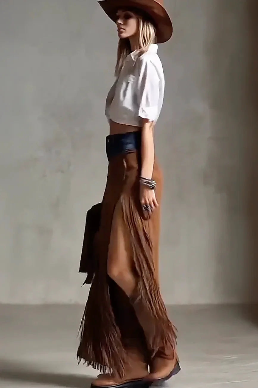 Suede Fringe Maxi Skirt - Eliza-Warszawa