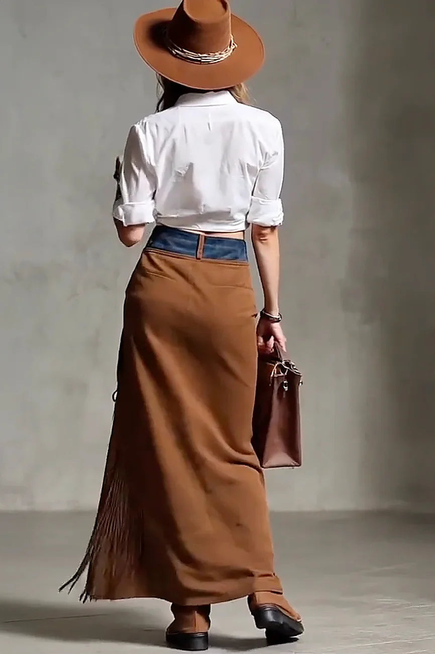 Suede Fringe Maxi Skirt - Eliza-Warszawa