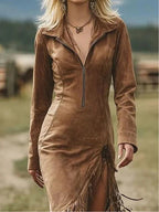 Suede Long-sleeved Irregular Tassel Hem Midi Dress - Eliza-Warszawa
