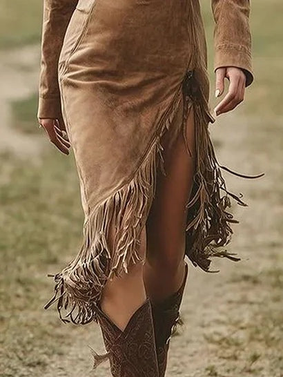 Suede Long-sleeved Irregular Tassel Hem Midi Dress - Eliza-Warszawa