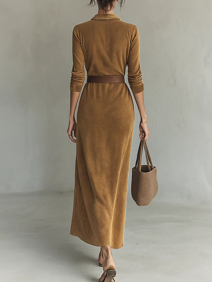 Suede Single-breasted Lapel Maxi Dress - Eliza-Warszawa