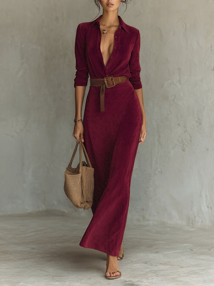 Suede Single-breasted Lapel Maxi Dress - Eliza-Warszawa