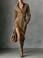 Suede Single Breasted Lapel Long Sleeve Midi Dress - Eliza-Warszawa