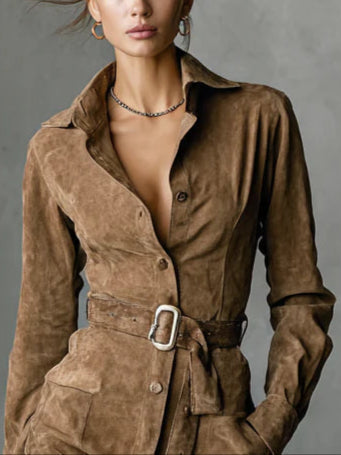 Suede Single Breasted Lapel Long Sleeve Midi Dress - Eliza-Warszawa