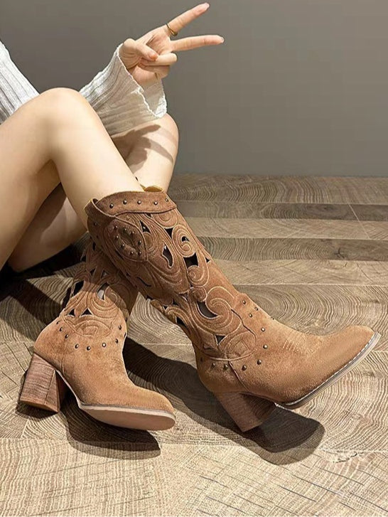Suede chunky heel embroidered openwork Western boots - Eliza-Warszawa
