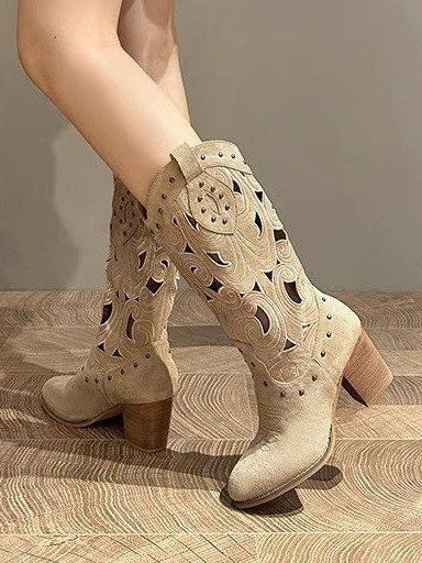 Suede chunky heel embroidered openwork Western boots - Eliza-Warszawa