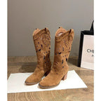 Suede chunky heel embroidered openwork Western boots - Eliza-Warszawa