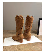 Suede chunky heel embroidered openwork Western boots - Eliza-Warszawa