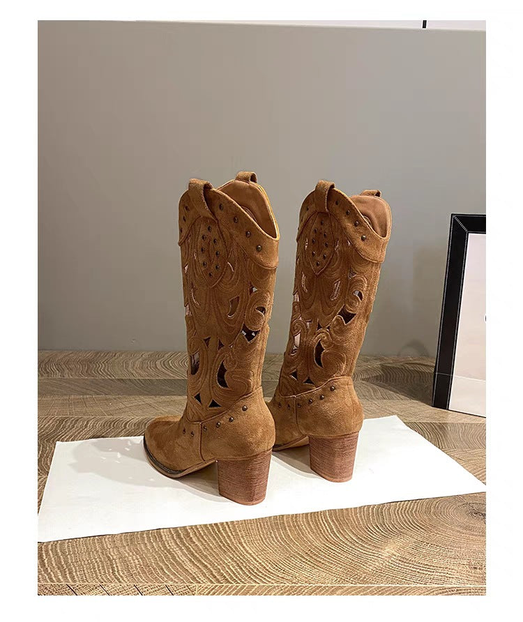 Suede chunky heel embroidered openwork Western boots - Eliza-Warszawa
