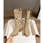 Suede chunky heel embroidered openwork Western boots - Eliza-Warszawa