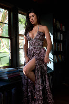 The Scarlette Dress in Chocolate Peony Print - Eliza-Warszawa