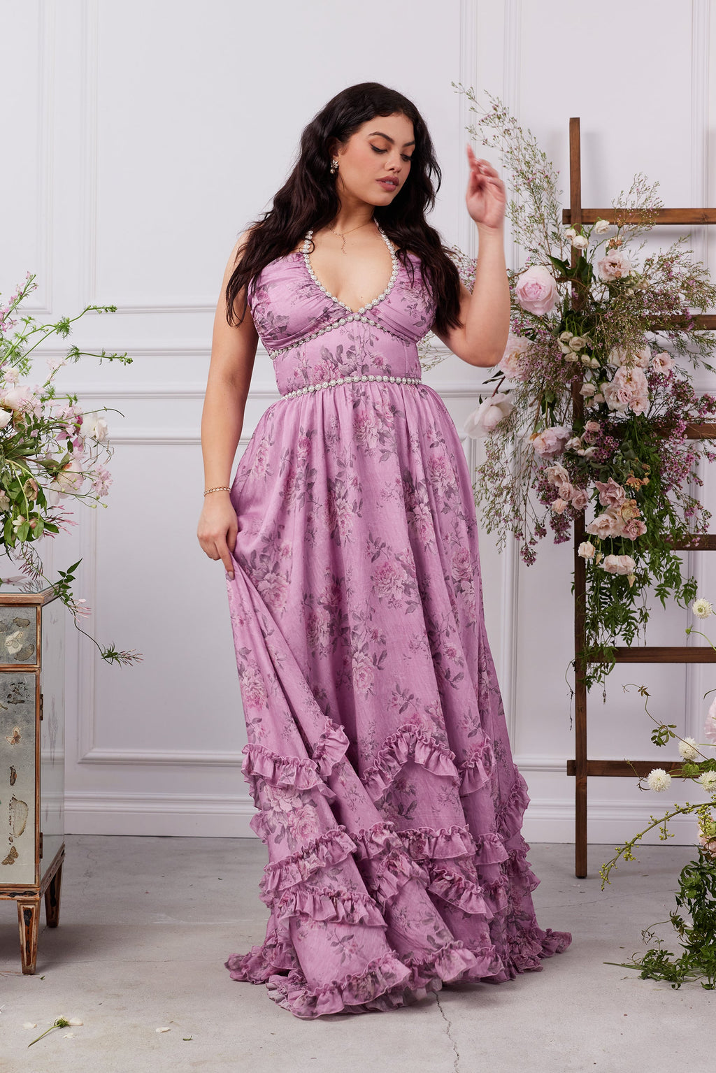 The Scarlette Dress in Lilac Tapestry Rose - Eliza-Warszawa