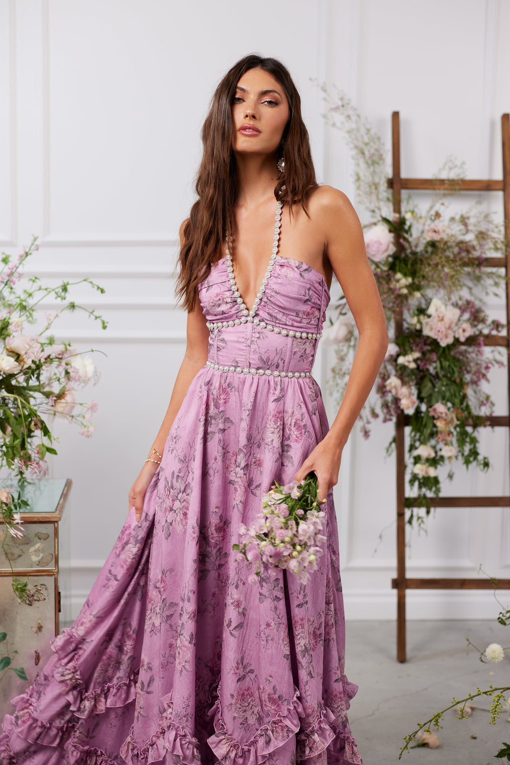 The Scarlette Dress in Lilac Tapestry Rose - Eliza-Warszawa