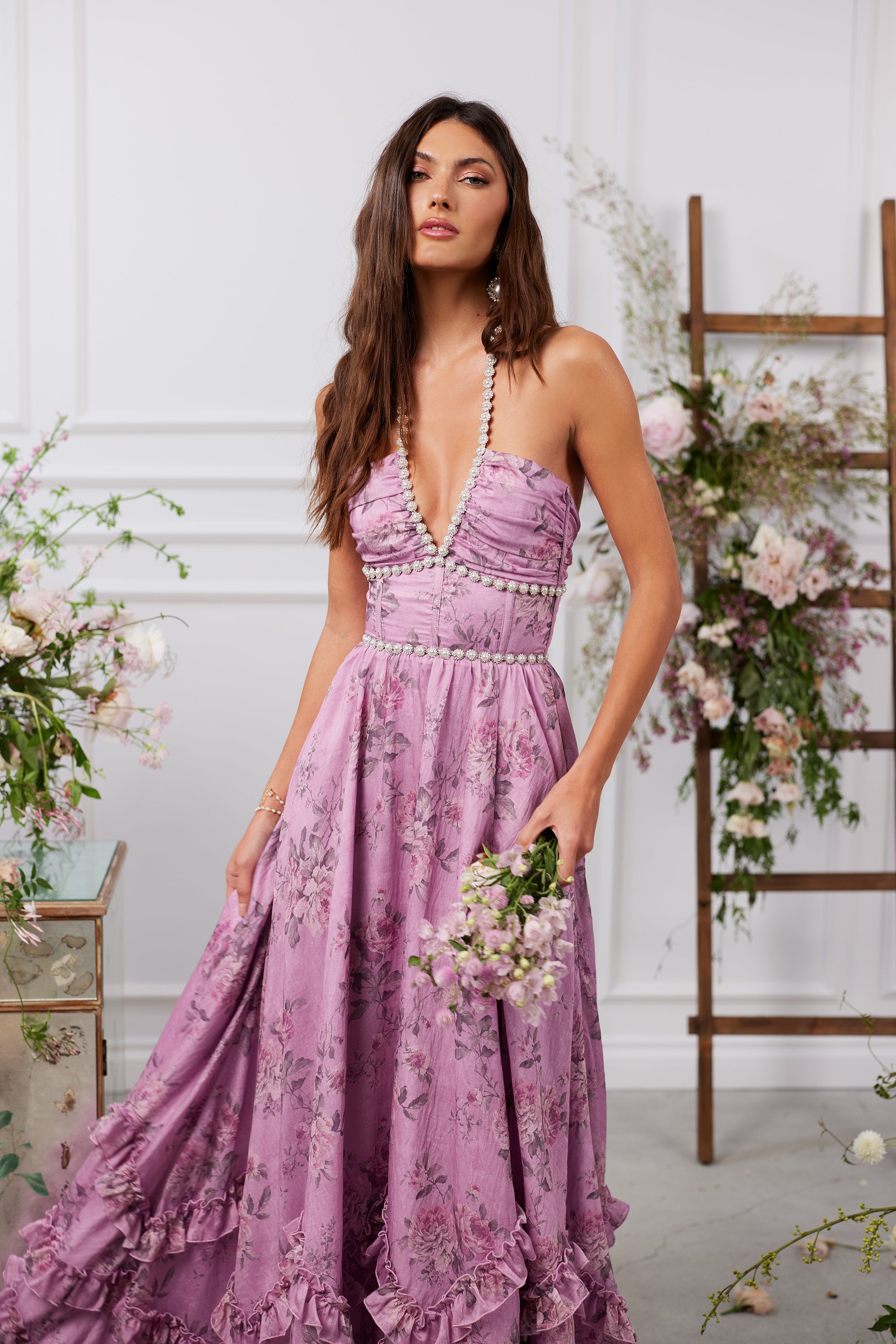 The Scarlette Dress in Lilac Tapestry Rose - Eliza-Warszawa