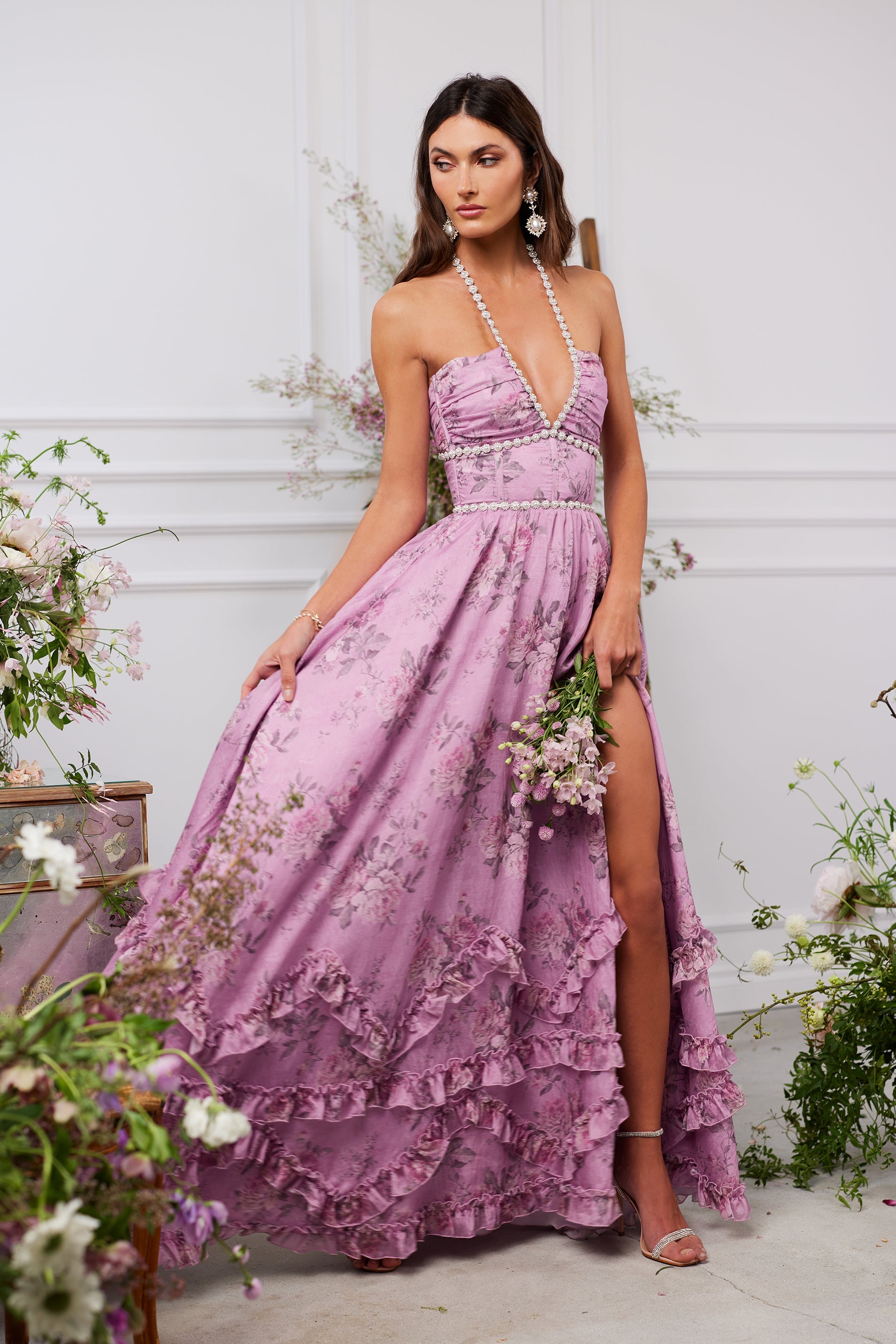 The Scarlette Dress in Lilac Tapestry Rose - Eliza-Warszawa