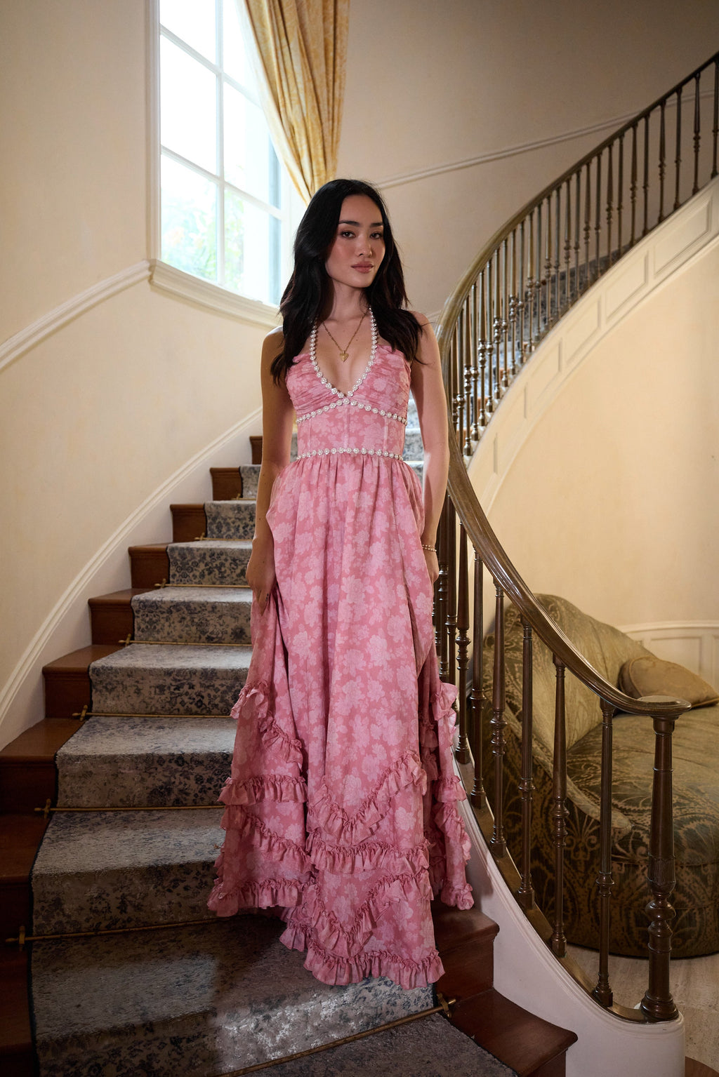 The Scarlette Dress in Pink Peony Print - Eliza-Warszawa