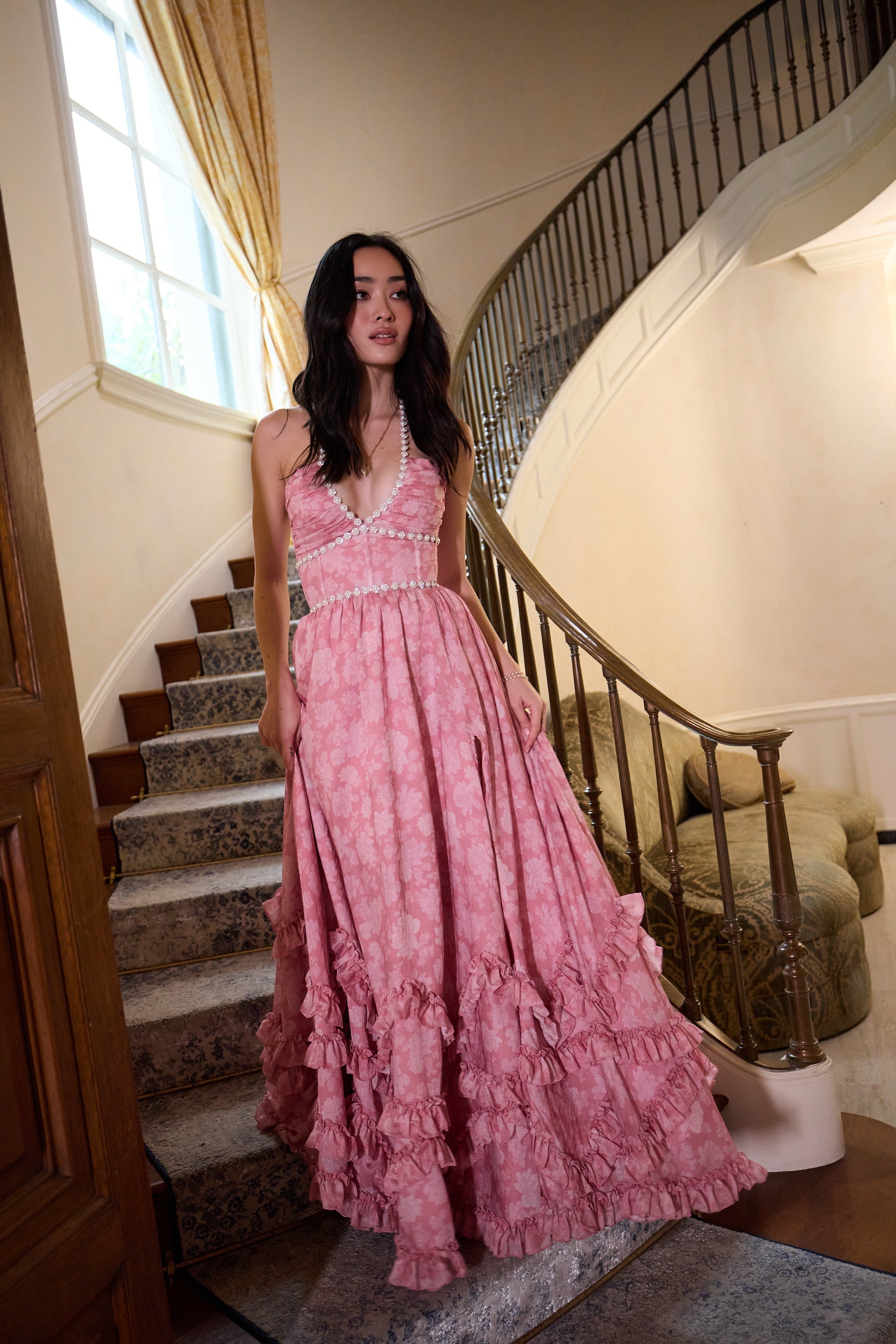 The Scarlette Dress in Pink Peony Print - Eliza-Warszawa