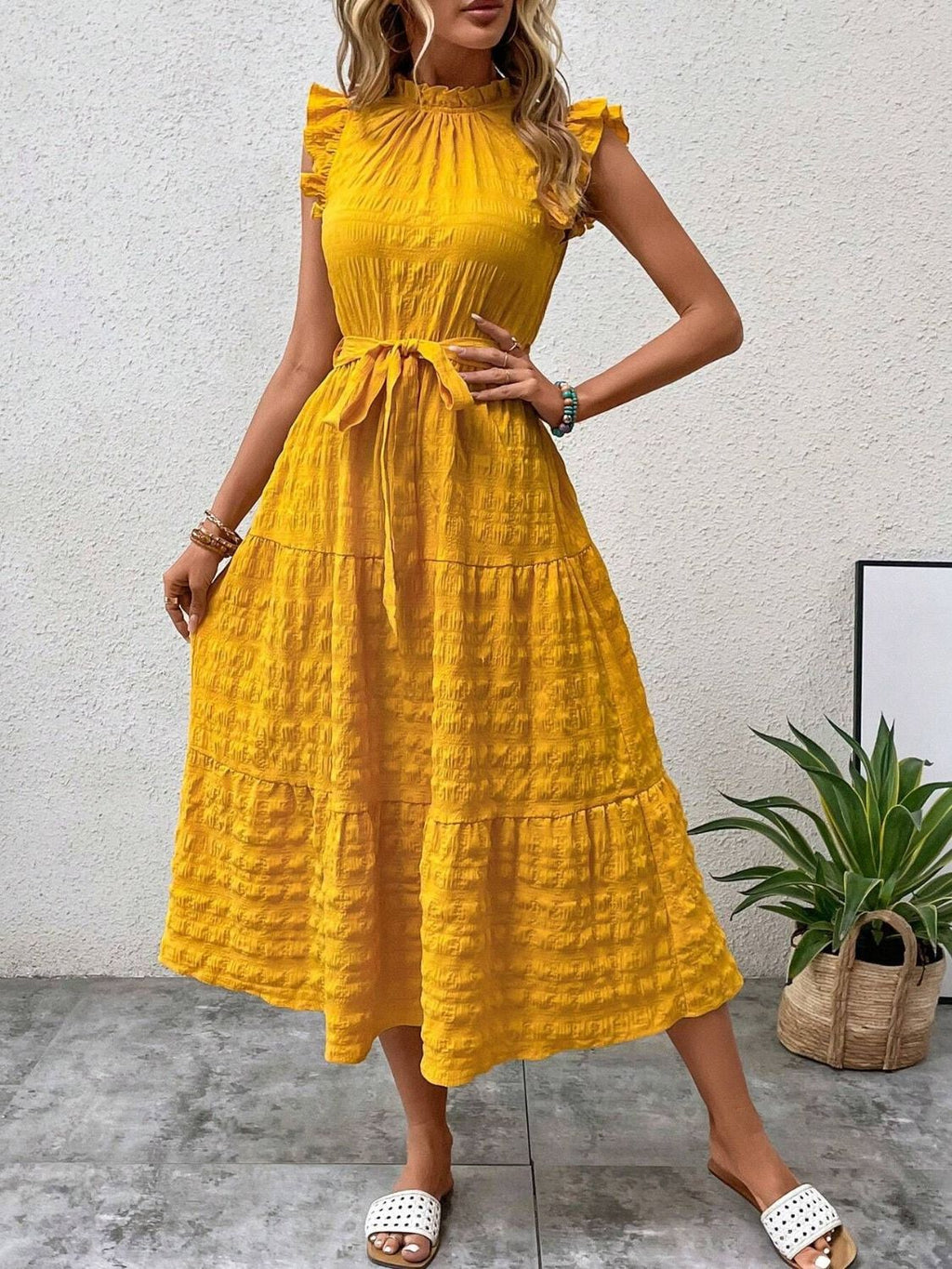 Tied Ruffled Cap Sleeve Midi Dress - Eliza-Warszawa