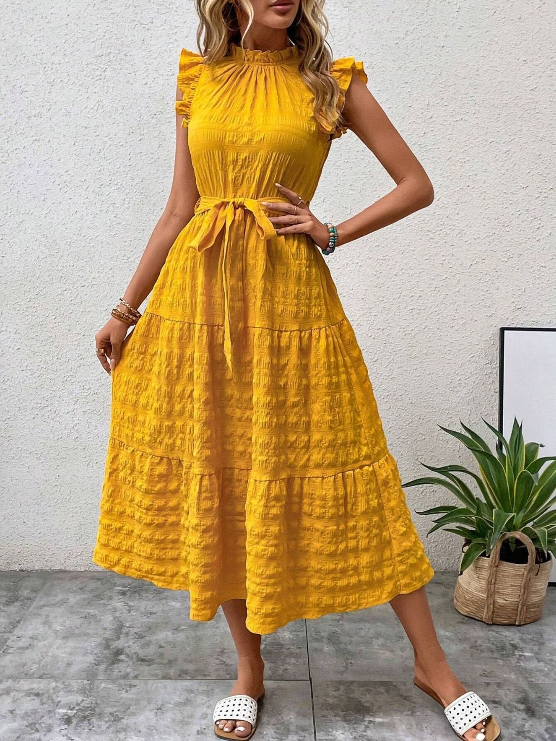 Tied Ruffled Cap Sleeve Midi Dress - Eliza-Warszawa