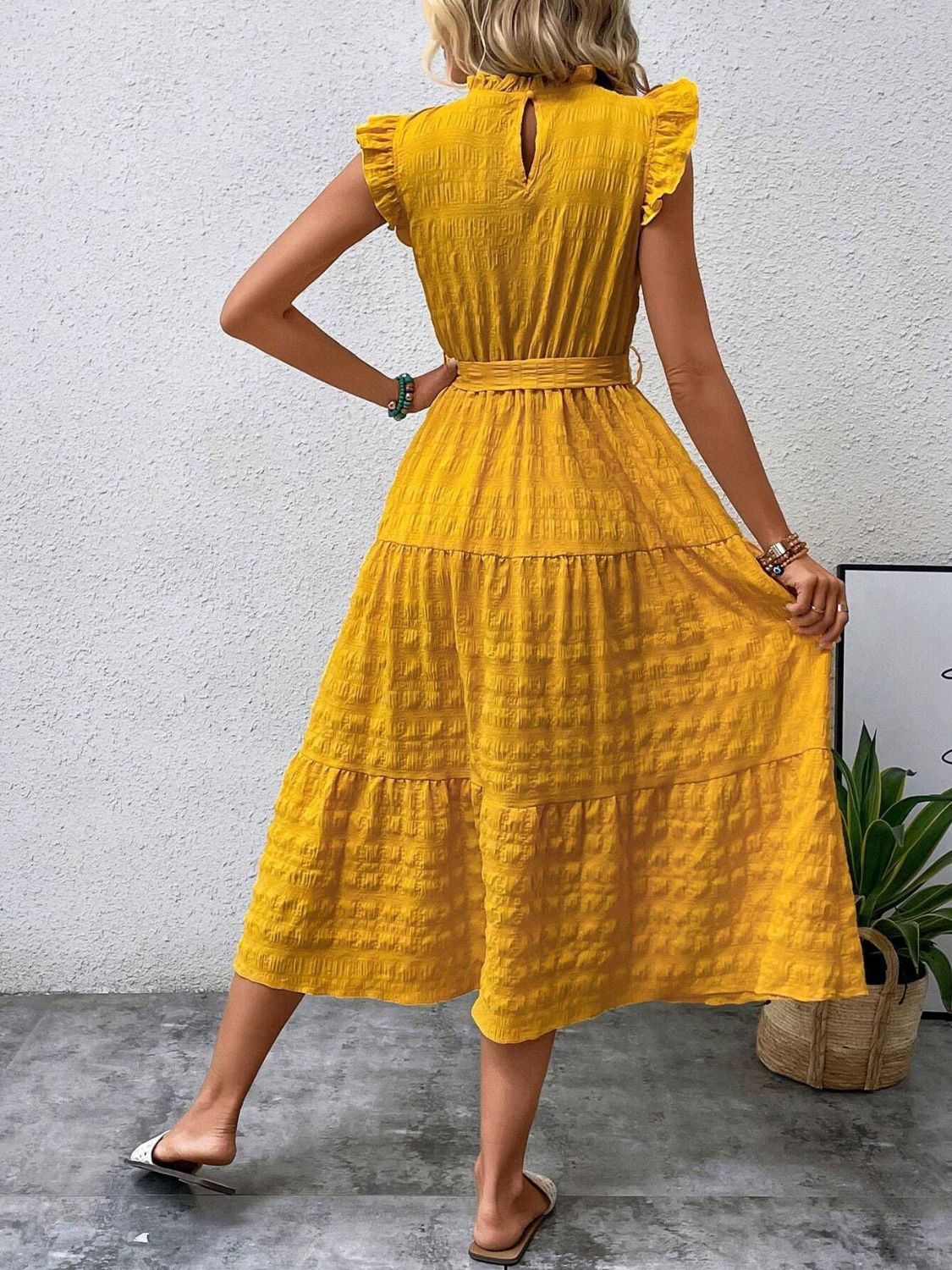 Tied Ruffled Cap Sleeve Midi Dress - Eliza-Warszawa
