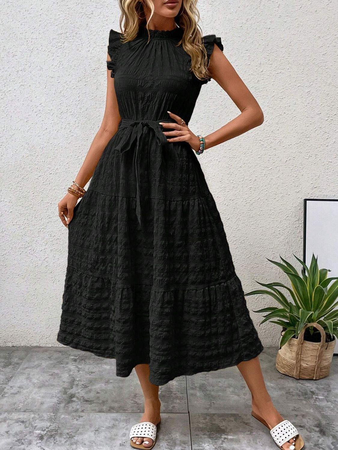 Tied Ruffled Cap Sleeve Midi Dress - Eliza-Warszawa