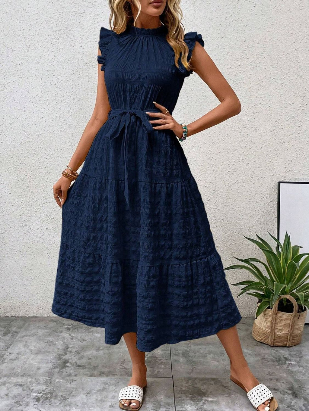 Tied Ruffled Cap Sleeve Midi Dress - Eliza-Warszawa
