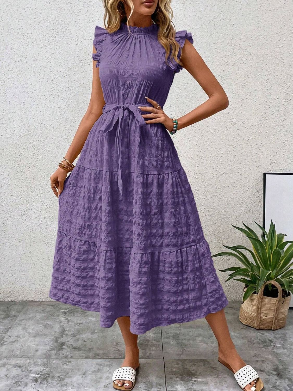Tied Ruffled Cap Sleeve Midi Dress - Eliza-Warszawa