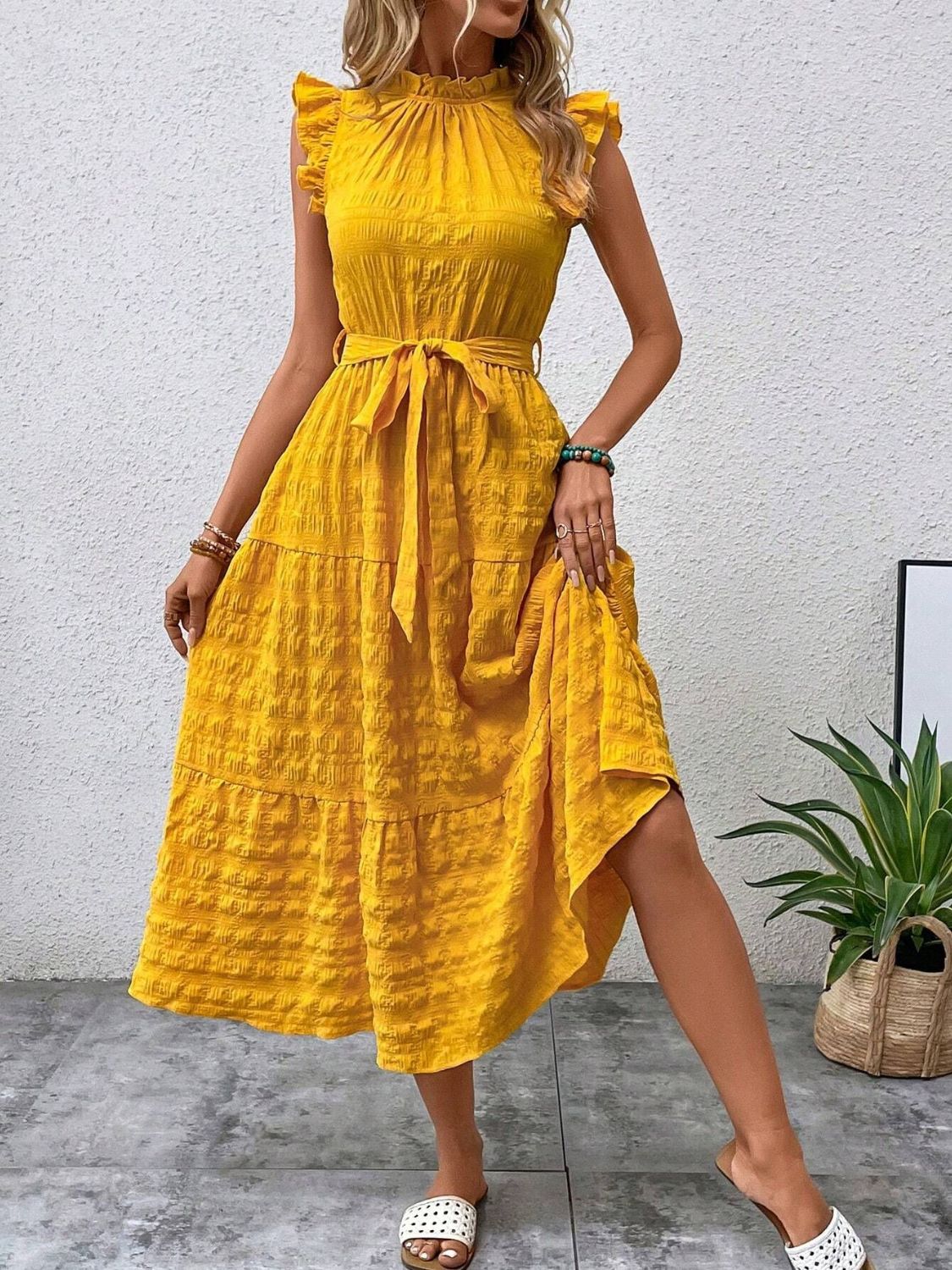 Tied Ruffled Cap Sleeve Midi Dress - Eliza-Warszawa