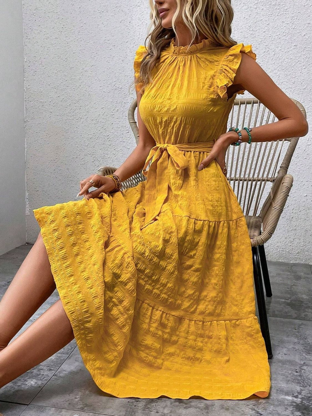 Tied Ruffled Cap Sleeve Midi Dress - Eliza-Warszawa
