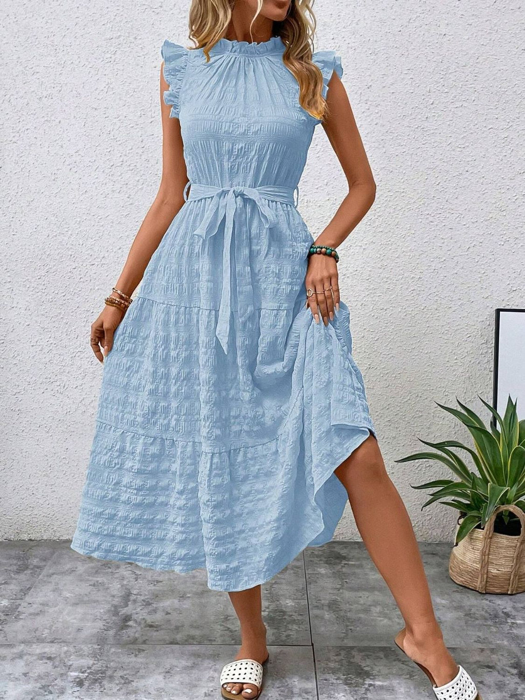 Tied Ruffled Cap Sleeve Midi Dress - Eliza-Warszawa