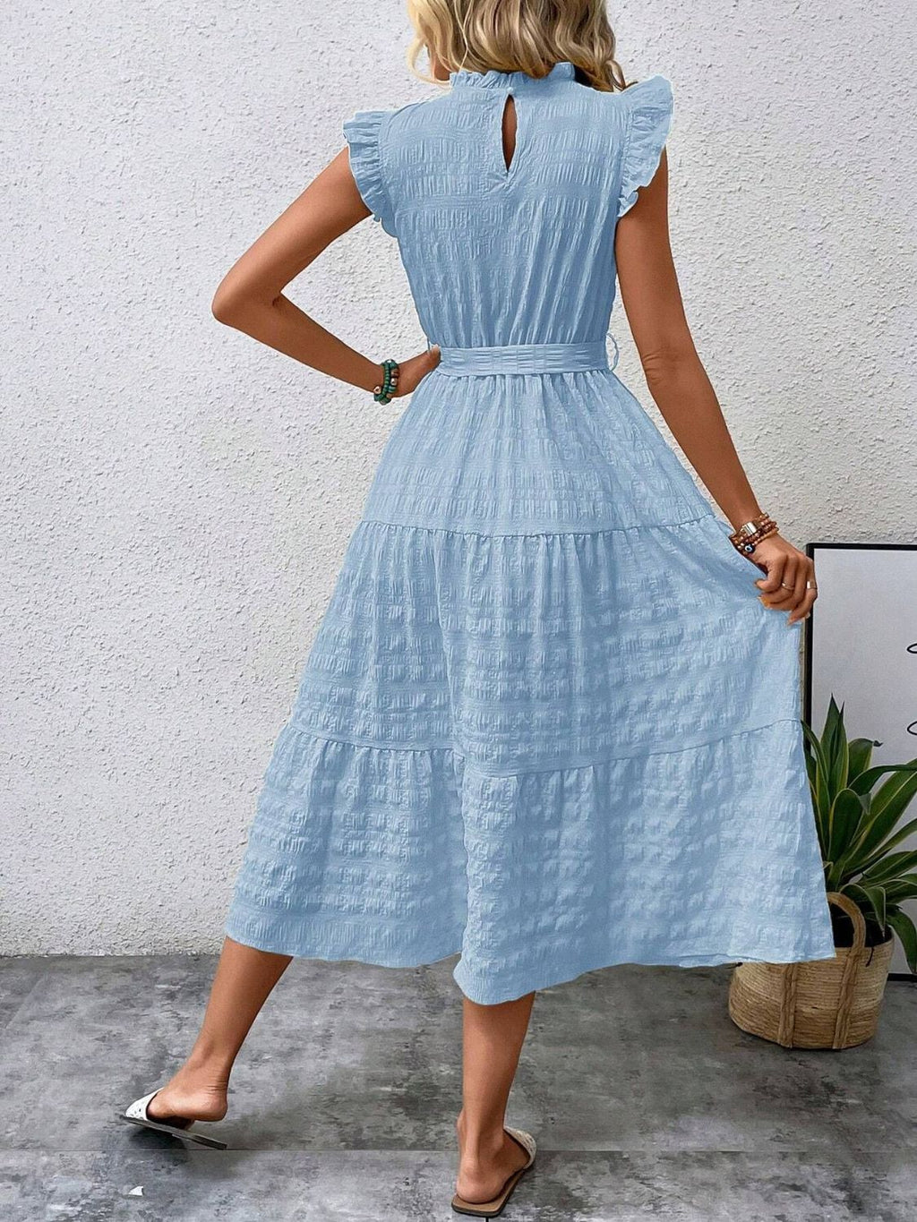 Tied Ruffled Cap Sleeve Midi Dress - Eliza-Warszawa