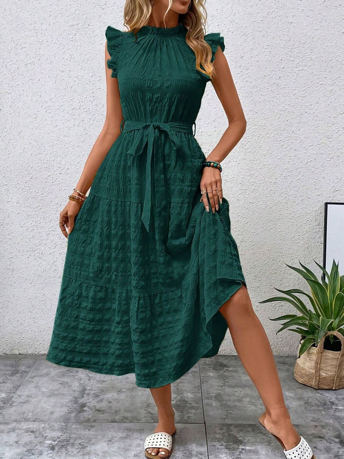 Tied Ruffled Cap Sleeve Midi Dress - Eliza-Warszawa
