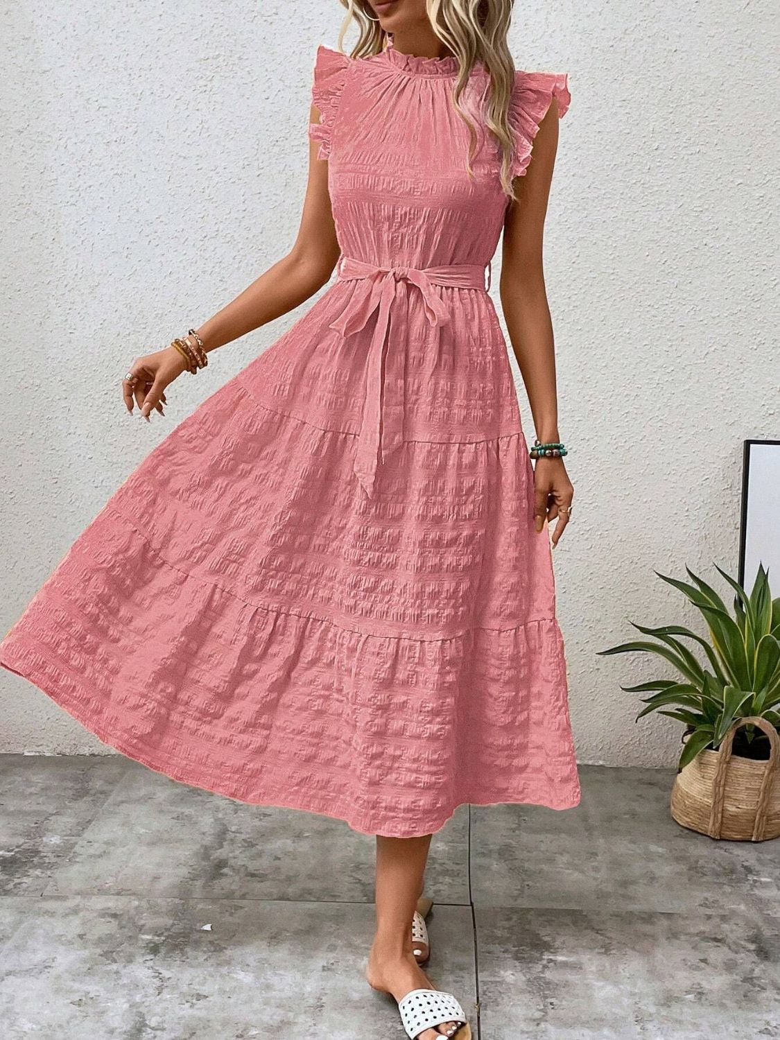 Tied Ruffled Cap Sleeve Midi Dress - Eliza-Warszawa