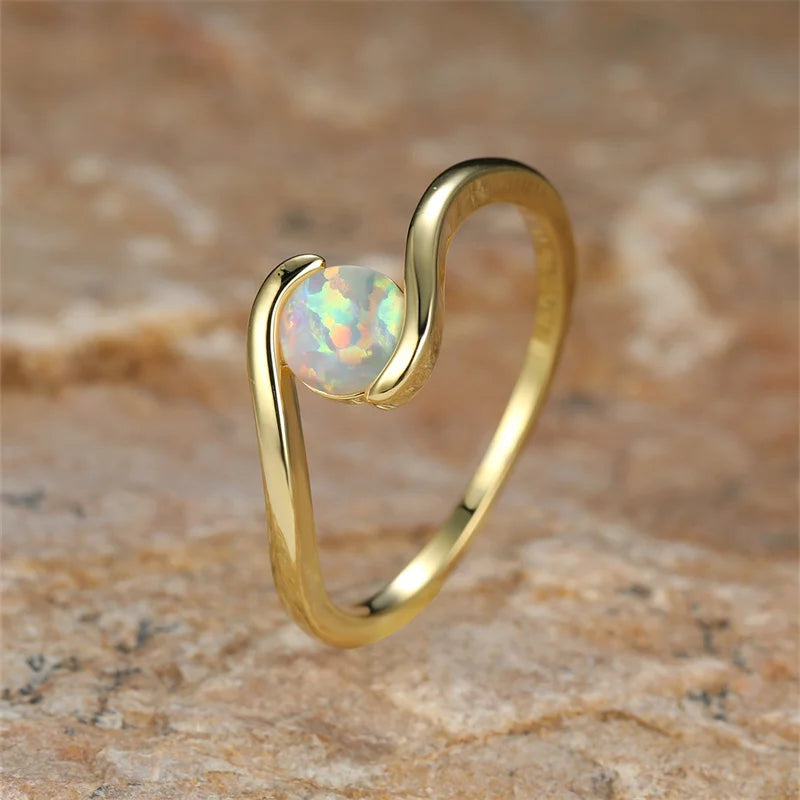 Timeless Round Rainbow White Fire Opal Ring - Eliza-Warszawa