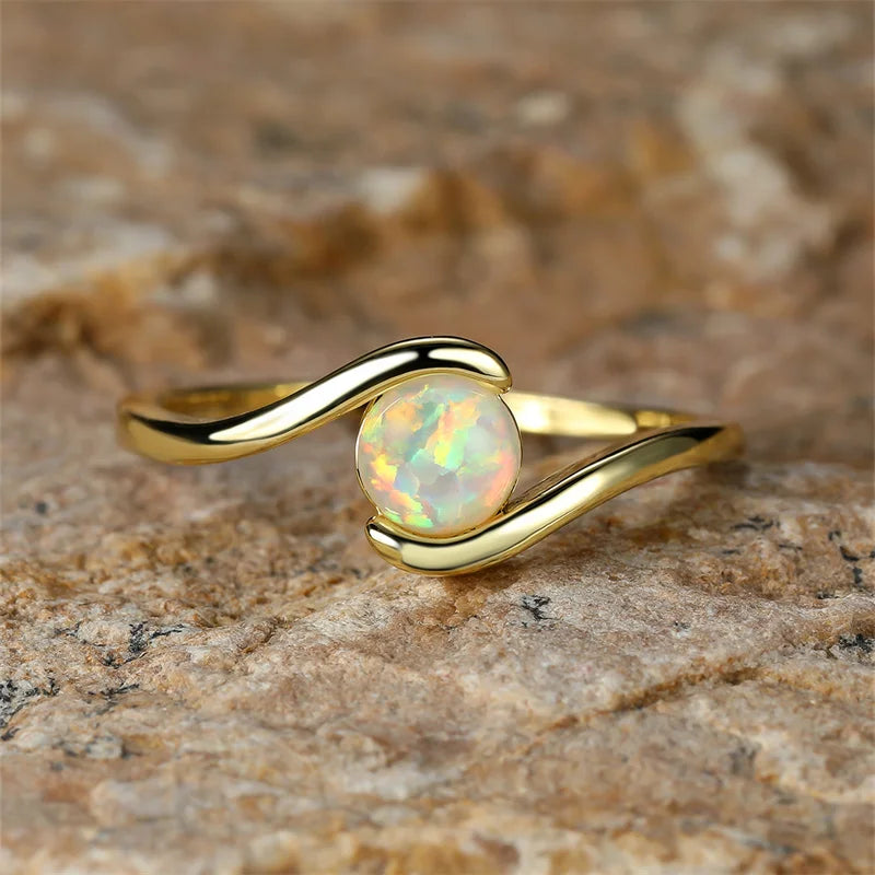 Timeless Round Rainbow White Fire Opal Ring - Eliza-Warszawa