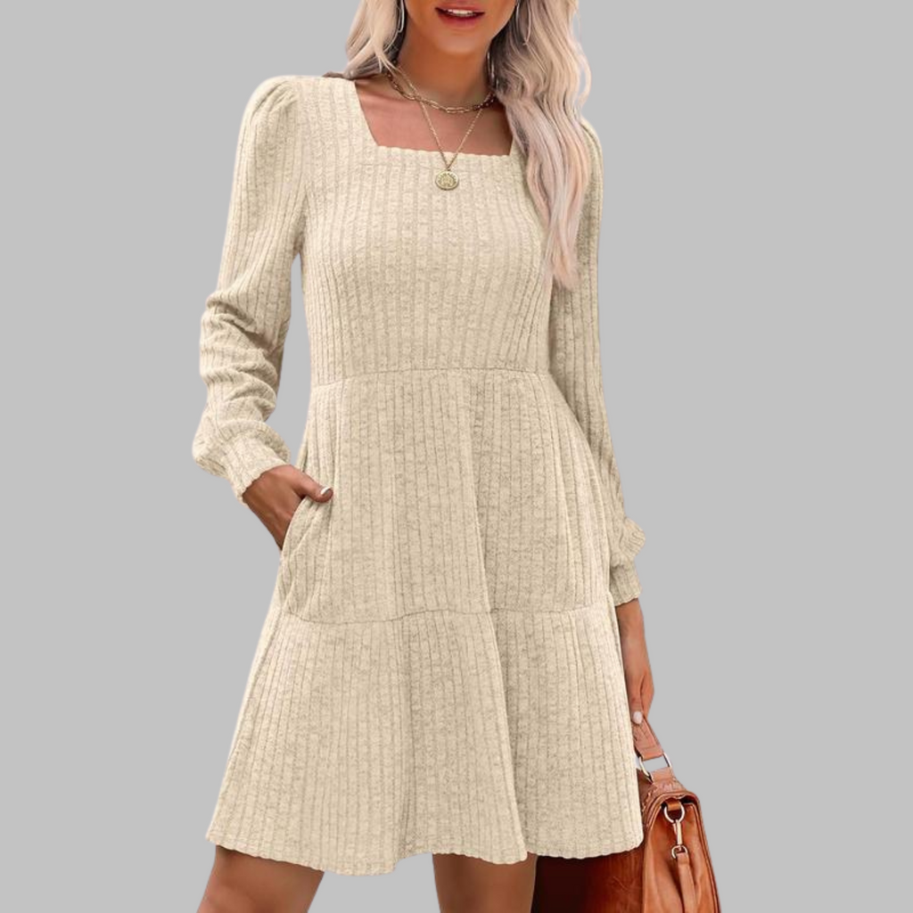 ULAN™ - Casual Square Neck Long Sleeve Midi Dress - Eliza-Warszawa