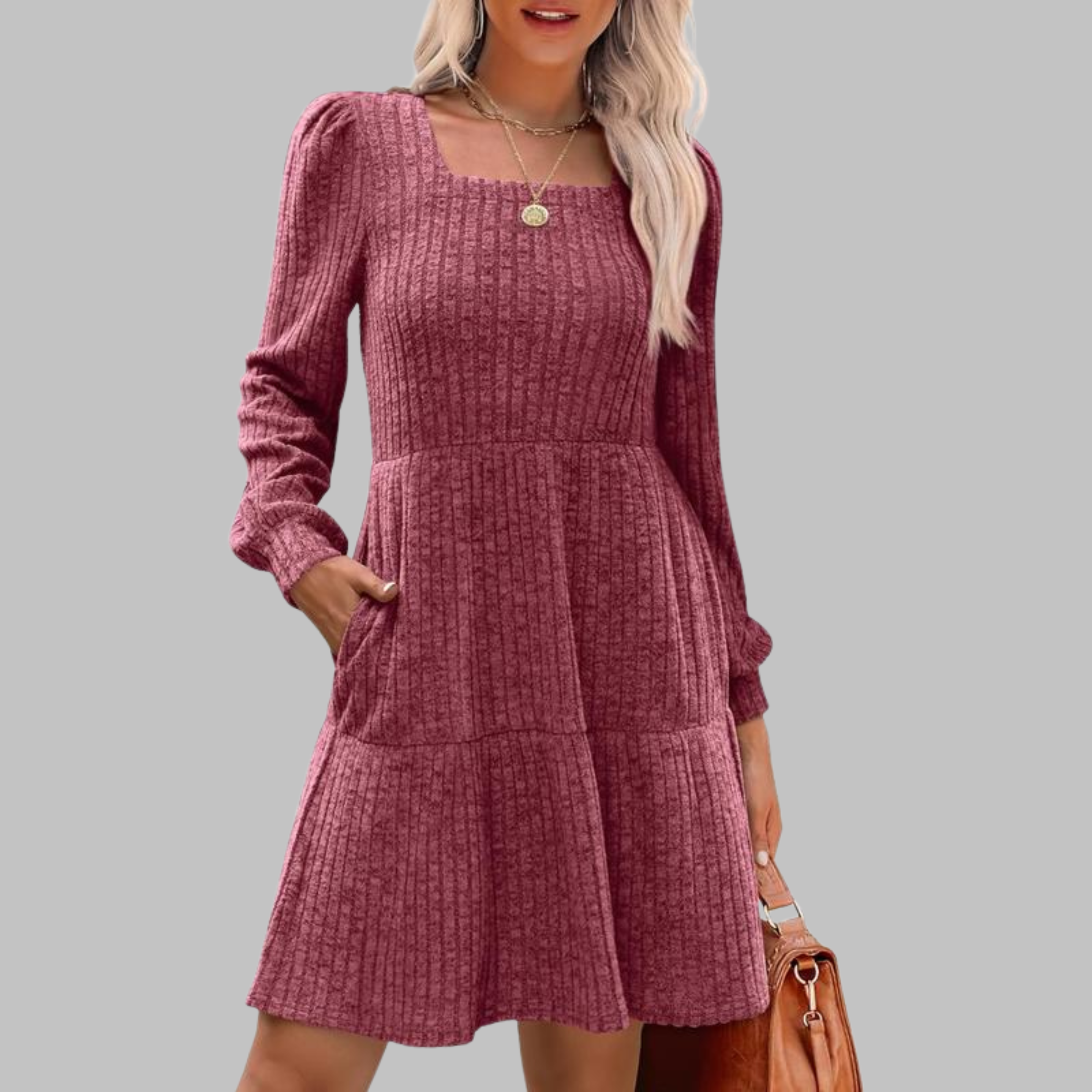 ULAN™ - Casual Square Neck Long Sleeve Midi Dress - Eliza-Warszawa