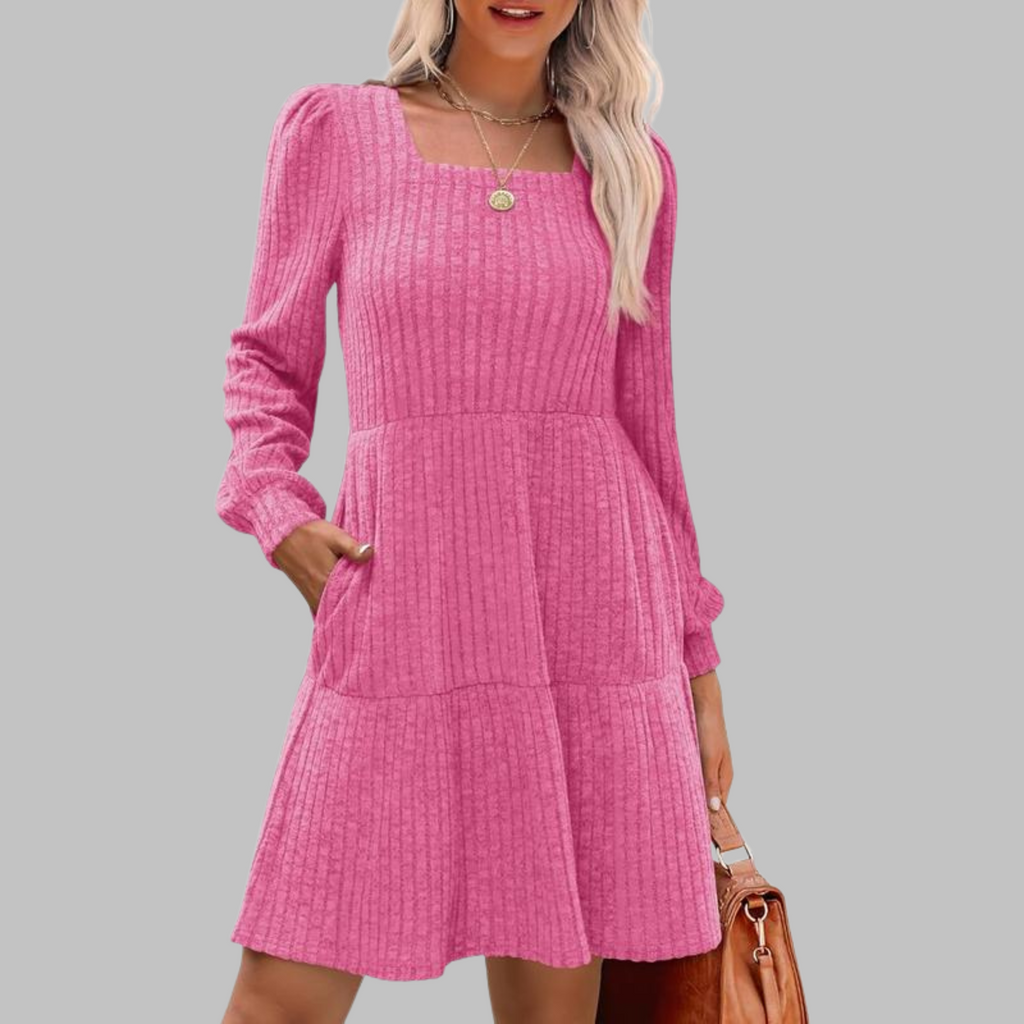 ULAN™ - Casual Square Neck Long Sleeve Midi Dress - Eliza-Warszawa