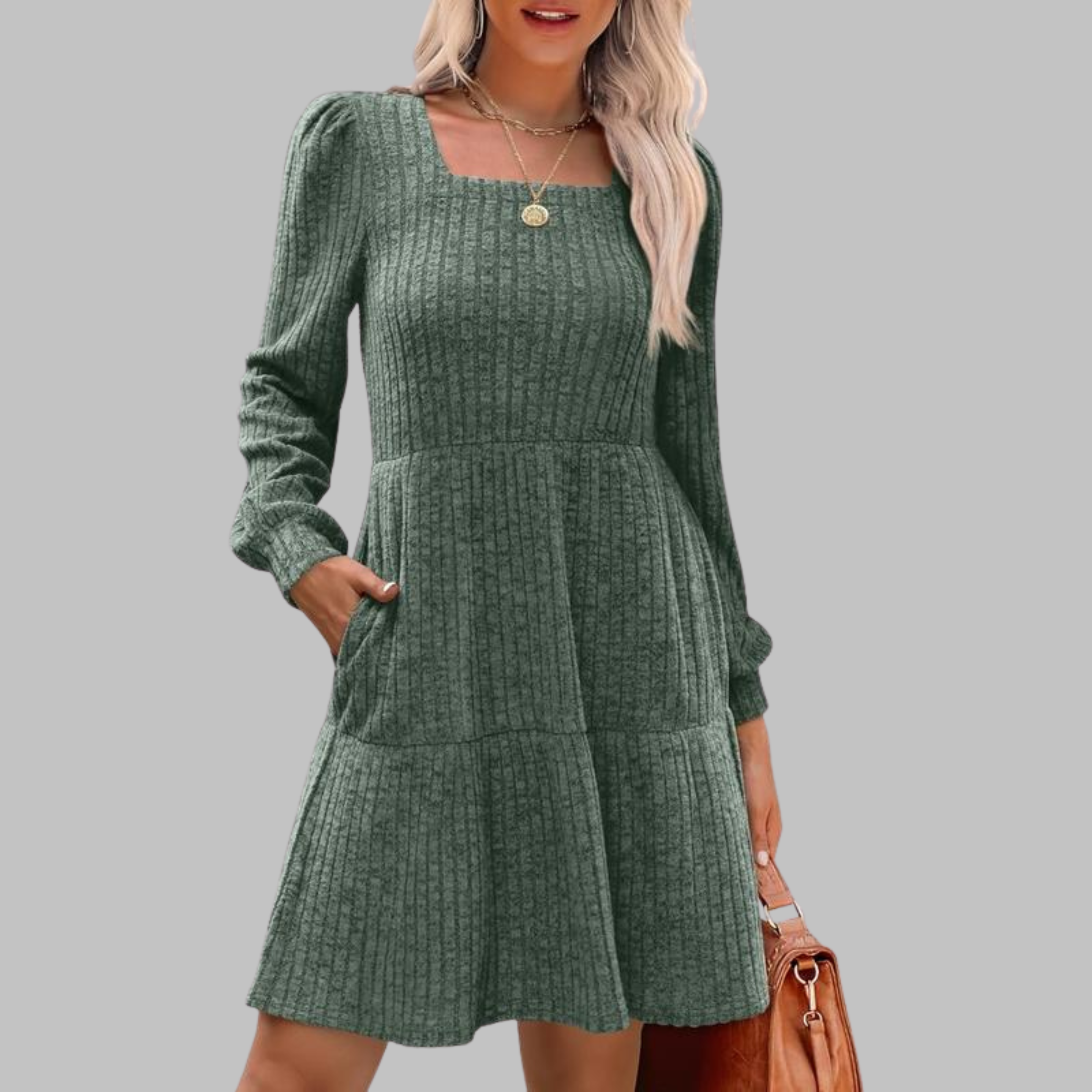 ULAN™ - Casual Square Neck Long Sleeve Midi Dress - Eliza-Warszawa