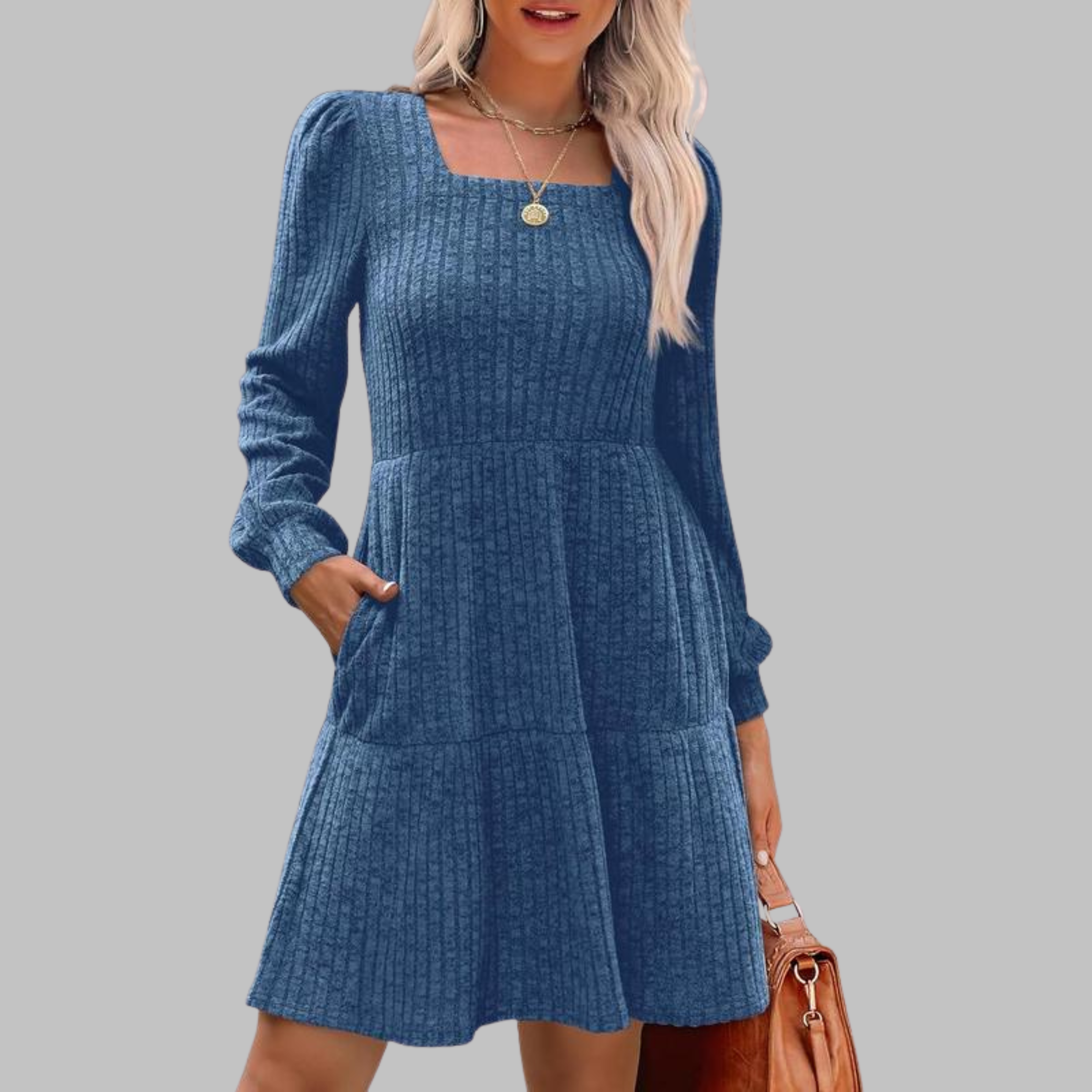 ULAN™ - Casual Square Neck Long Sleeve Midi Dress - Eliza-Warszawa