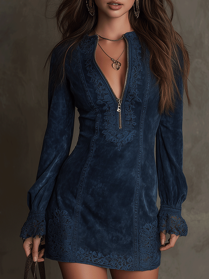 Vintage Blue Suede Lace Trim Mini Dress