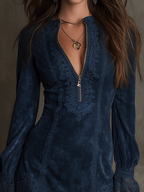 Vintage Blue Suede Lace Trim Mini Dress - Eliza-Warszawa