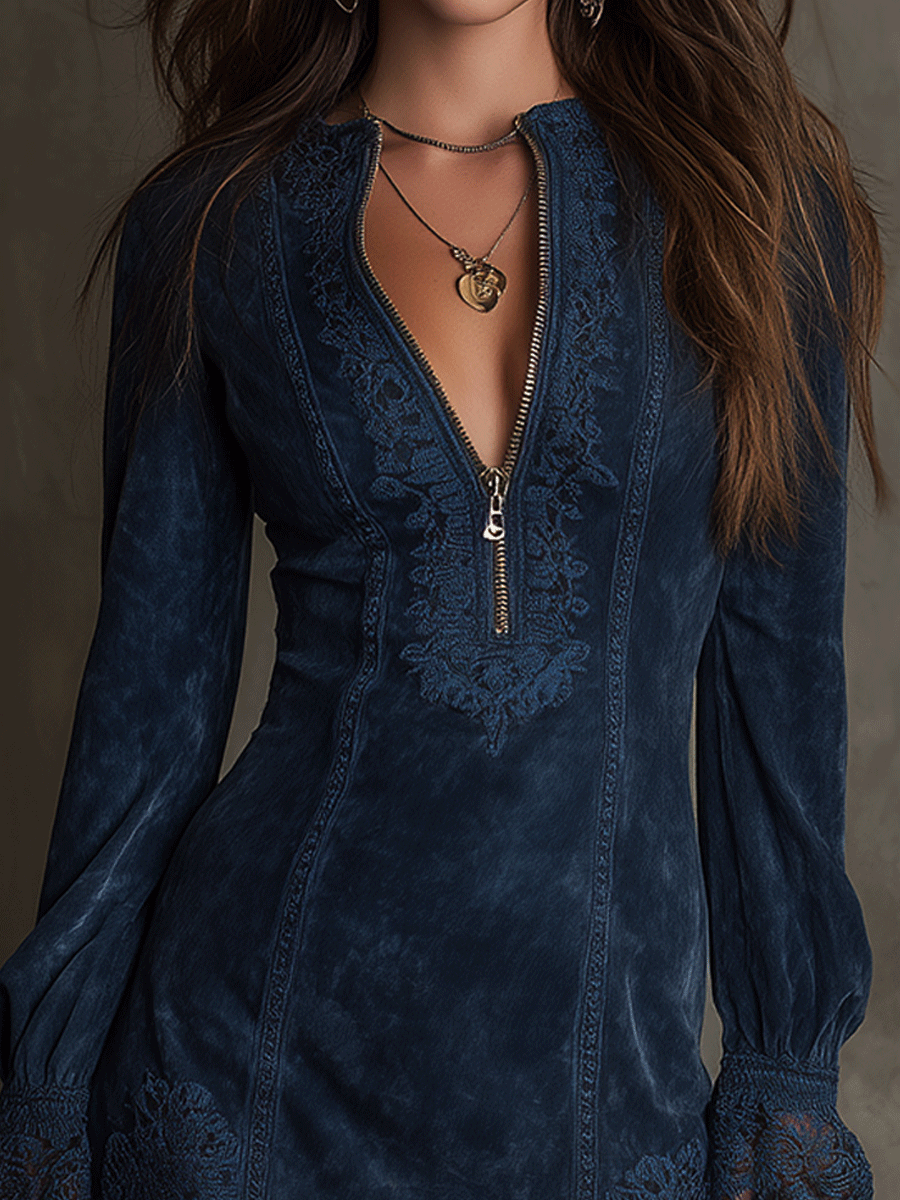 Vintage Blue Suede Lace Trim Mini Dress - Eliza-Warszawa