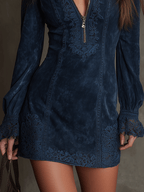 Vintage Blue Suede Lace Trim Mini Dress - Eliza-Warszawa