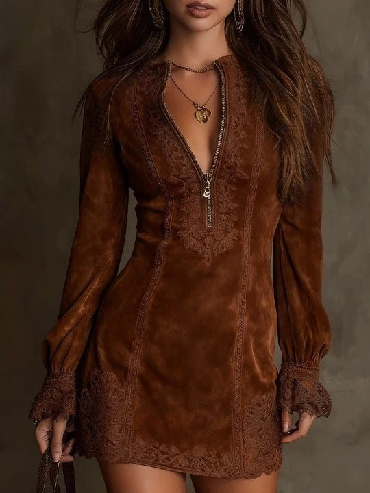 Vintage Blue Suede Lace Trim Mini Dress - Eliza-Warszawa