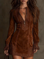 Vintage Blue Suede Lace Trim Mini Dress - Eliza-Warszawa